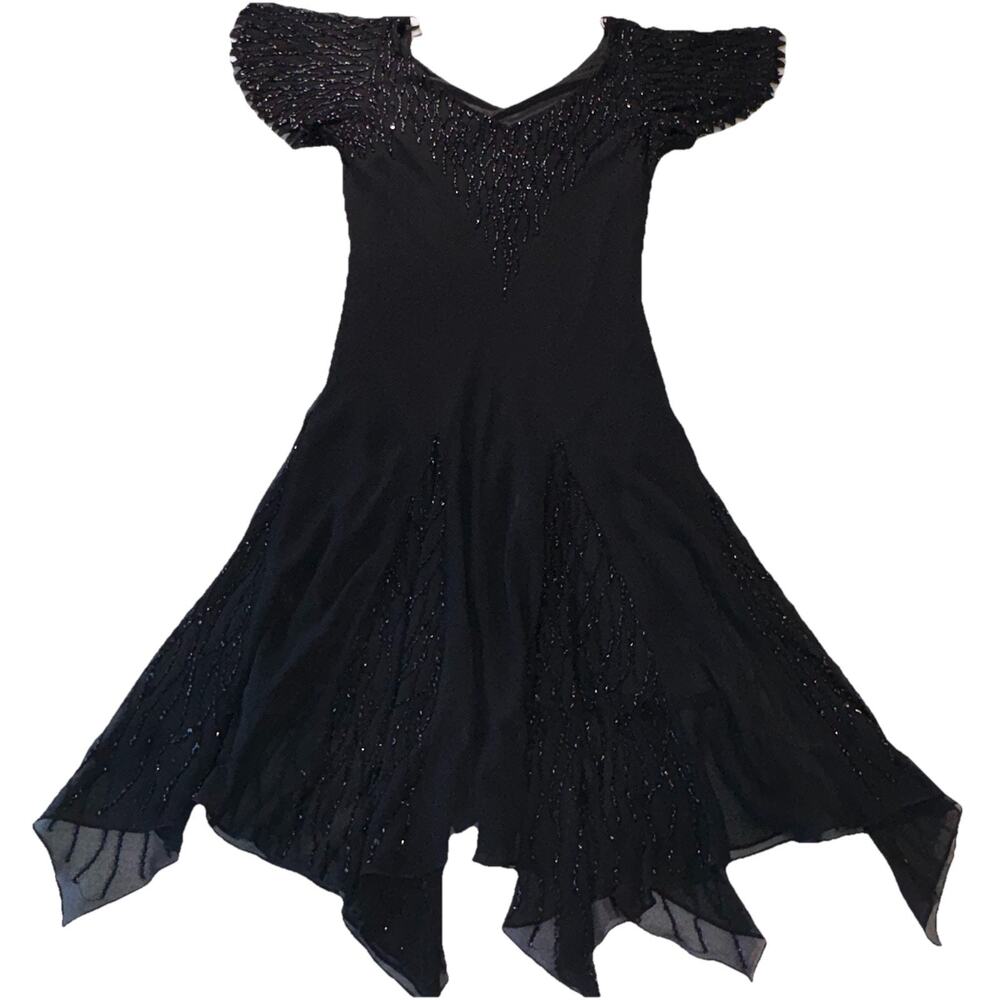 VNTG J Kara 90s Fairycore Black Beaded Mesh Dress Flutter Sleeves asymmetrical - Picture 13 of 15